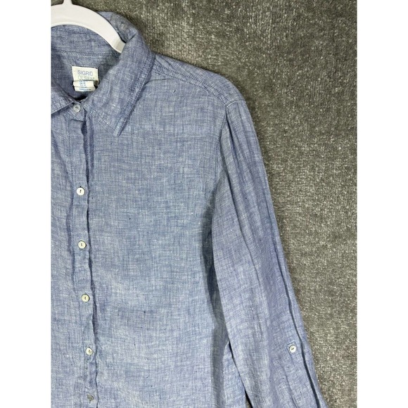 Sigrid Olsen Linen Button Up Shirt Womens Size Medium Blue Roll Tab Sleeve FLAW - Picture 6 of 16